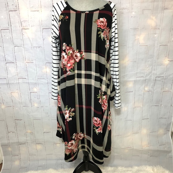 Reborn J Dresses & Skirts - Reborn J Swing Dress Size L Floral Striped Pockets